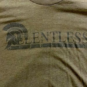 Relentless Defender, Forest Green with logos on front, back, and both sleeves